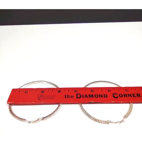 Large Sparkly Rhinestone Silver Tone Hoop Earrings 3" for Pierced Ears Leverback - Picture 8 of 9